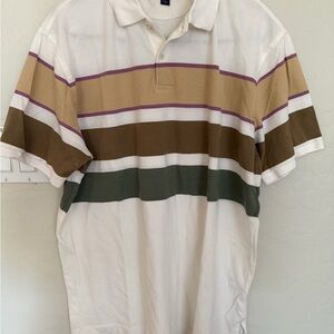 Daniel Cremieux White Polo with Pink, Tan, Brown and Green Stripes - excellent